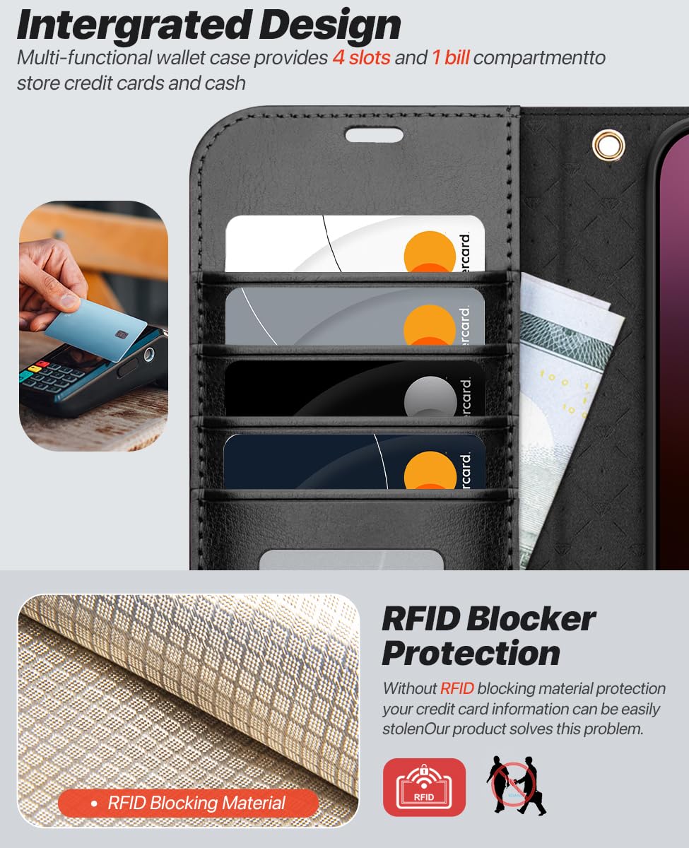 OCASE Kompatibel für iPhone 16 Pro Max Hülle (2in1) Leder Stoßfestes Case, Abnehmbare magnetische, Mit Handschlaufe, Kabelloses Laden, Kartenfach, Standfunktion, Handyhülle RFID Schutzhülle Schwarz