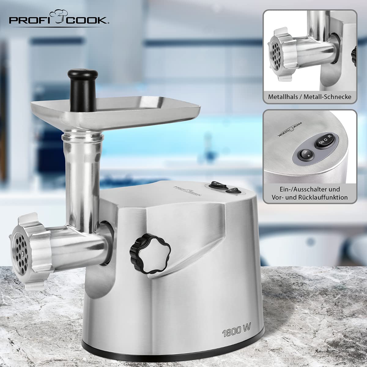 ProfiCook PC-FW 1172 - Profesjonalna maszynka do mielenia mięsa - Z 3 perforowanymi metalowymi tarczami - 1800 W