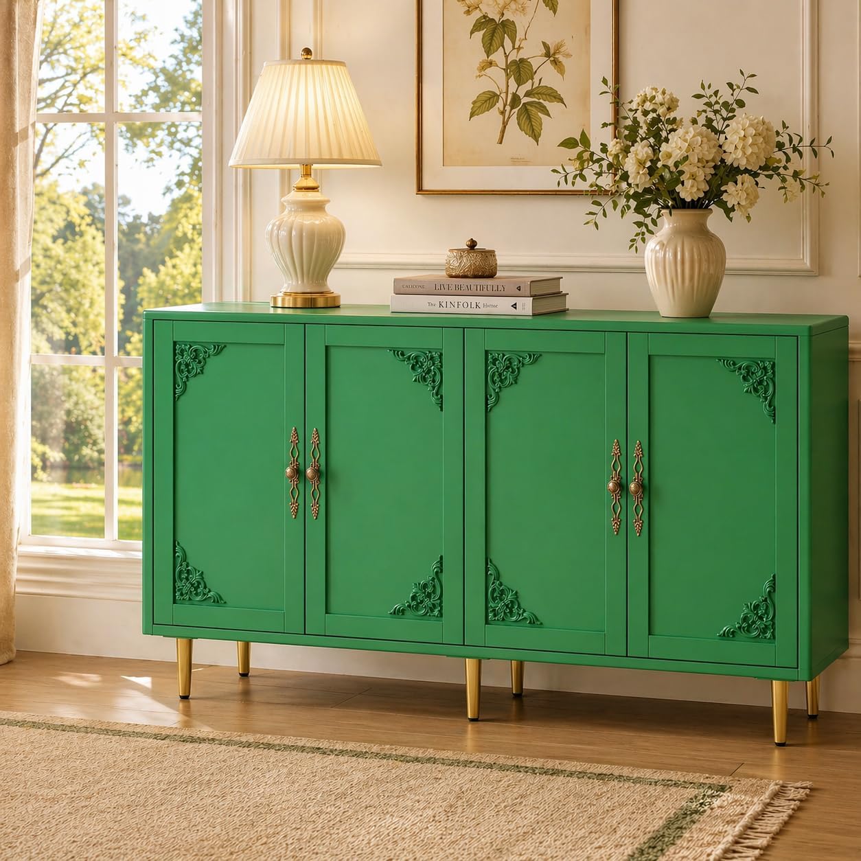 AUN Sage Green Accent Cabinet with Art Deco Carving & Gold Hardware, 58" Wide Sideboard Buffet with Adjustable Shelves, 200lb Capacity Storage Cabinet for Living Room,Kitchen,Coffee Bar