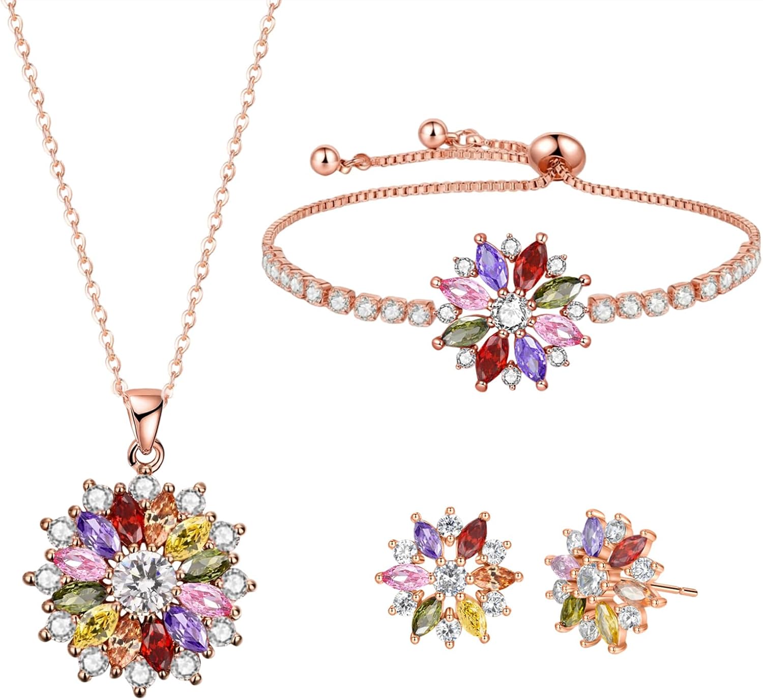 VONSSY Jewelry Set for Women Colorful Snowflake Necklace Earrings Bracelet