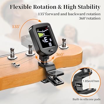 New Bee Clip-On Guitar Tuner Rechargeable with Color Screen 360 Rotatable Chromatic Tuner for Guitar, Bass, Ukulele, Violin (Black, 1 Pack)