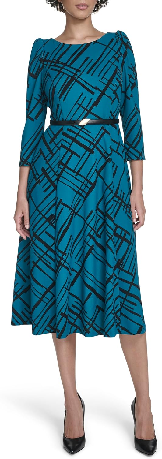 Calvin Klein Women's 3/4 Sleeve Belted A-Line Midi Dress