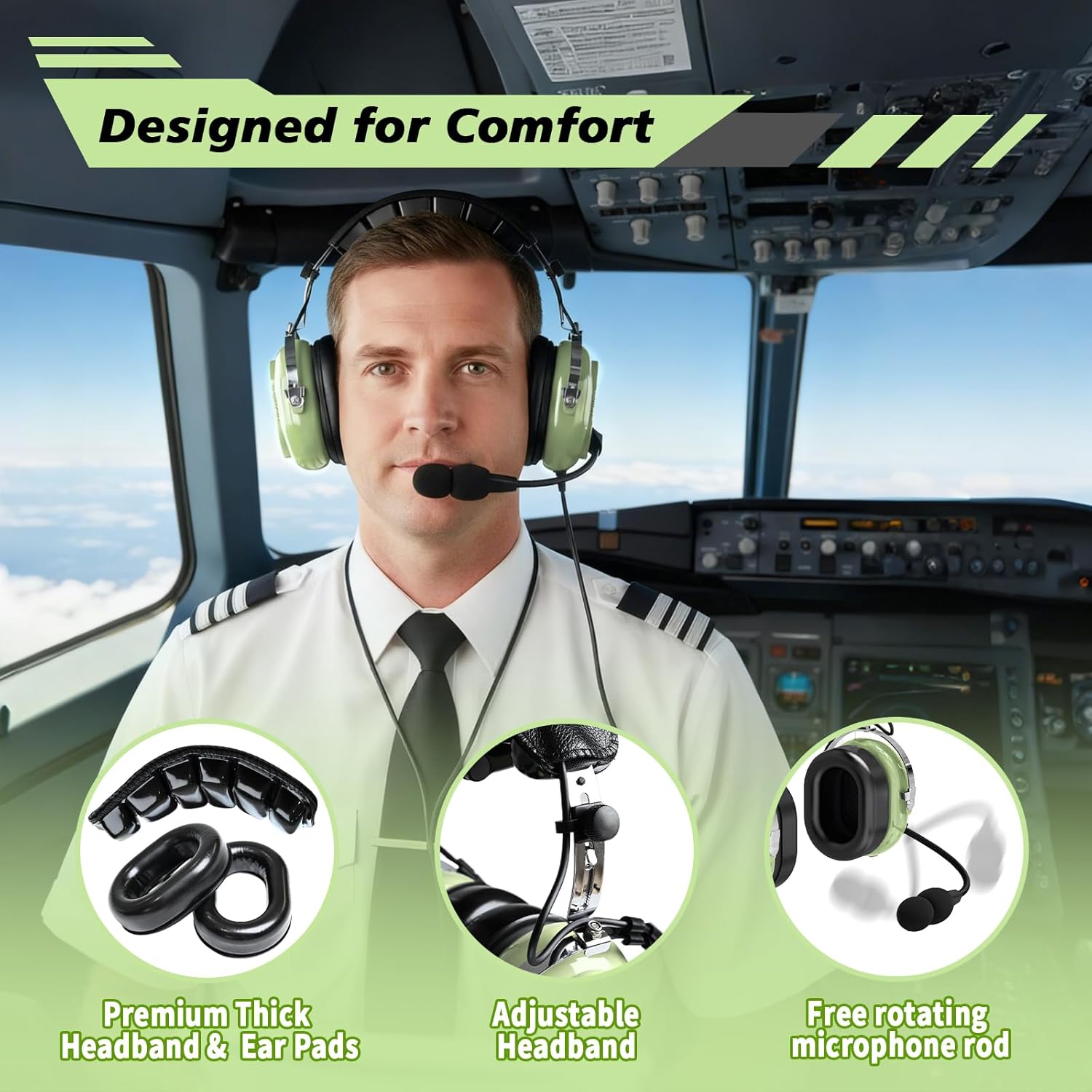 WODASEN General Aviation Headset GA Dual Plug Pilot Headsets with Boom Mic Aircraft Airplane Noise Cancelling Ear Protection Headphones Flight Student Earmuff (Light-Green)