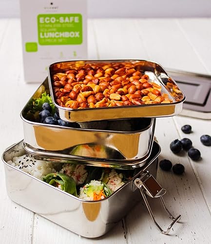 Miniatura 3 de ecozoi Lonchera de acero inoxidable, 3 en 1, caja Bento apilable ecológica, contenedor de alimentos sin plástico, con bandeja interior adicional,