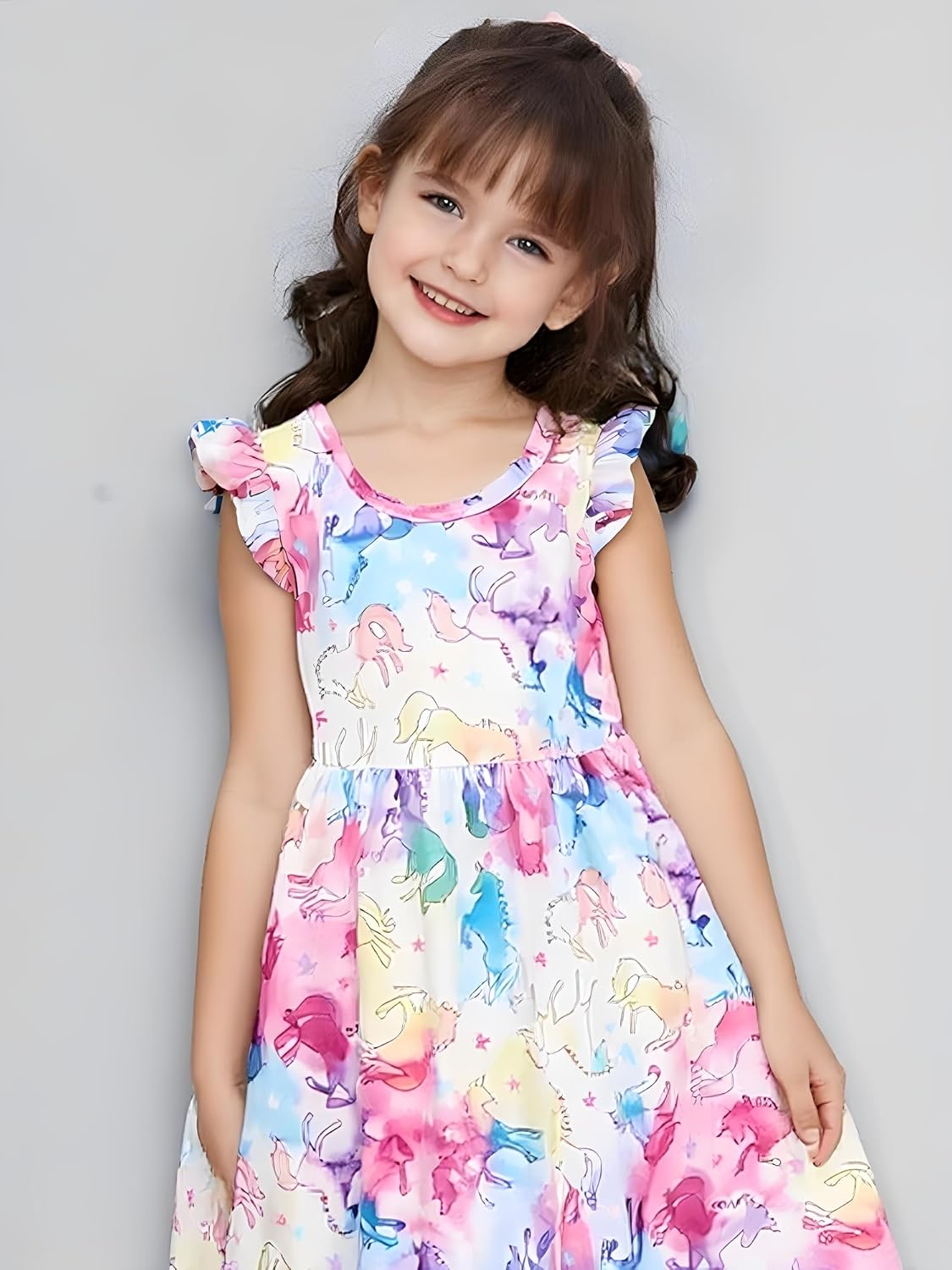 Toddler Girls Summer Dresses Cute Flutter Short Sleeve Dinosaur Sunflower Pattern Casual Sundress for Little Girl Size 2-8T - Image 2