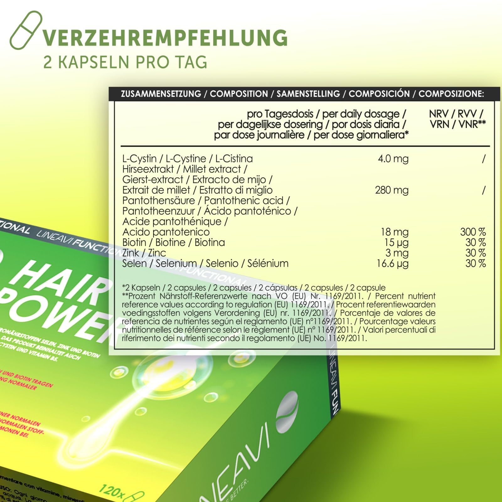 LINEAVI Haarkraft 2x120 Kapseln, mit Hirseextrakt, Vitamin B5, Cystin, zur Erhaltung normaler Haare und für den normalen Stoffwechsel von Steroidhormonen, in Deutschland hergestellt (4-Monatsvorrat)