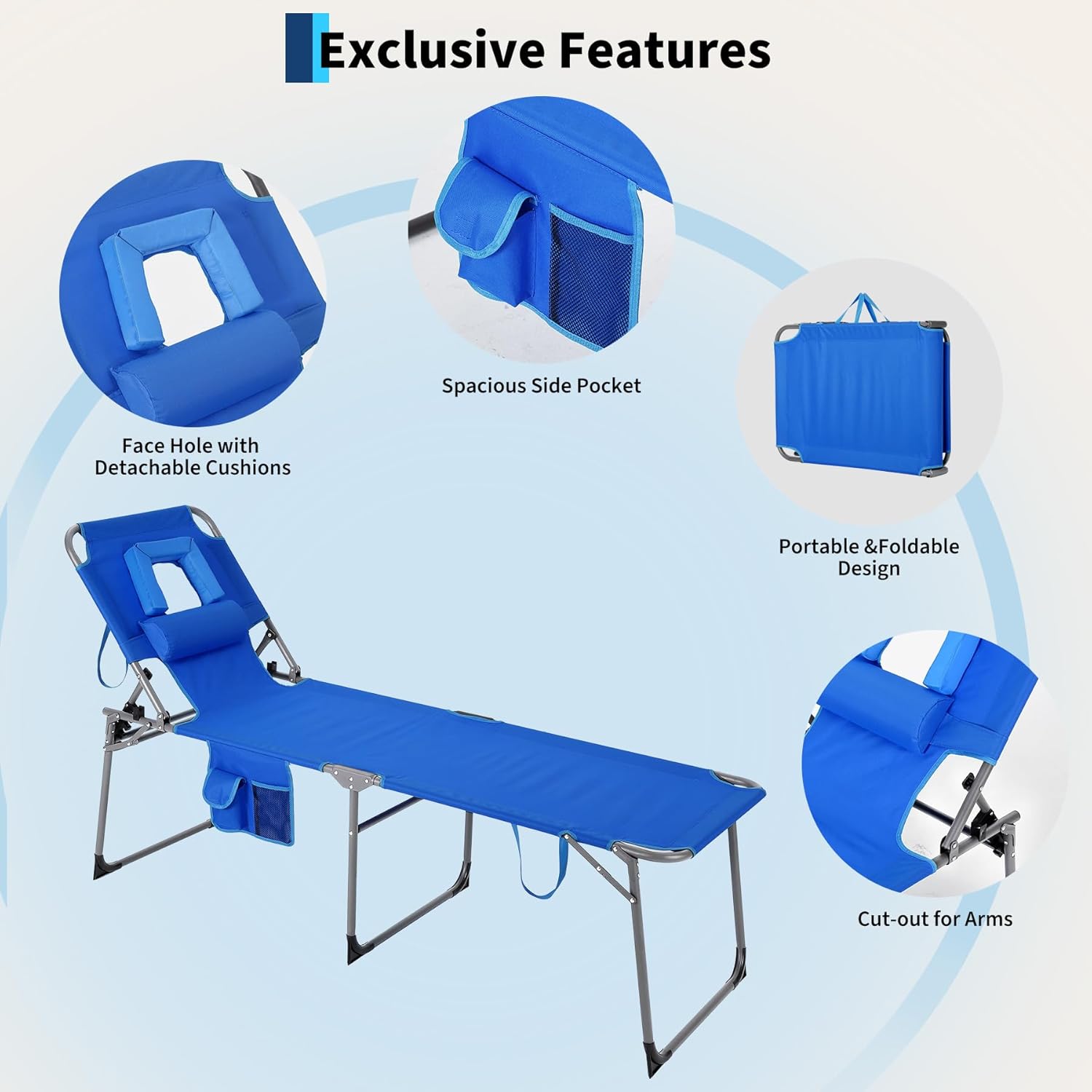 Tanning Chair with Face Hole Folding Beach Lounge Chair,5-Position Adjustable Backrest, Pillow & Side Pocket,Portable Face Down Chaise Lounge for Outdoor Backyard Poolside,Beach, Patio,Blue