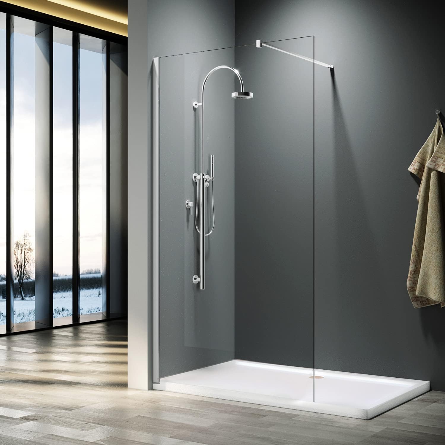 ELEGANT 700mm Wet Room Shower Enclosure Easy Clean Screen Panel with 900x1200mm Walk in Stone Shower Tray and Waste