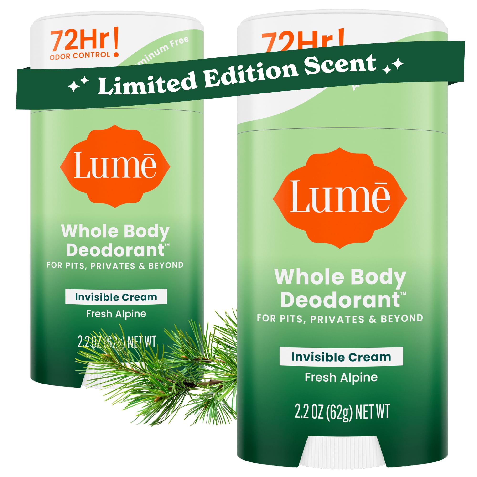 Lume Whole Body Deodorant - Invisible Cream Stick - 72 Hour Odor Control - Aluminum Free, Baking Soda Free, Skin Safe - 2.2 ounce (Pack of 2) (Fresh Alpine)