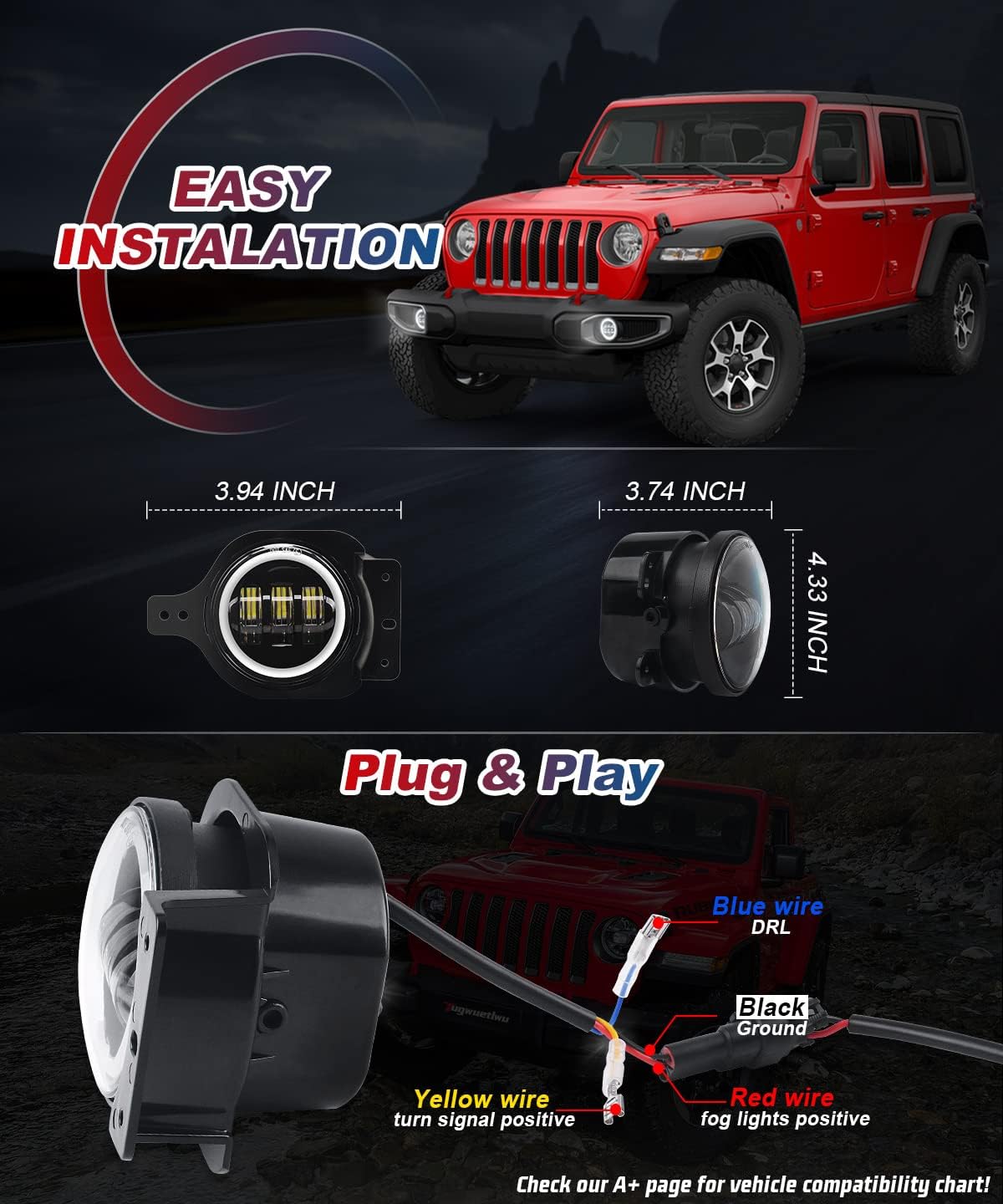 Upgraded 4 Inch LED Halo Round Fog Lamps for Jeep Wrangler JL JLU 2018-2022, DOT Compliant with DRL and Turn Signal (Black, JL Fog Light)