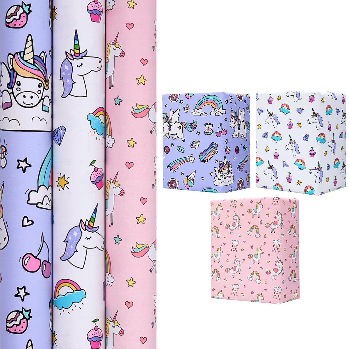 Gift Wrapping Paper Roll for Birthday : 3 Rolls 43cm x 3M Unicorn Pattern Wrapping Paper - Purple, Pink and White Paper for Kids Birthday Gift Wrapping