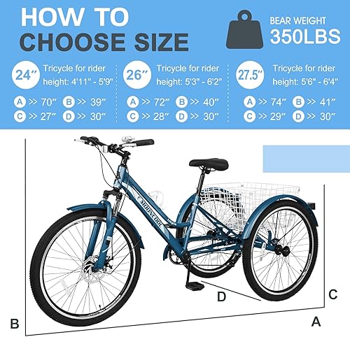 Miniatura 6 de Slsy Triciclo de montaña para adultos, bicicleta de tres ruedas de 7 velocidades, triciclos para adultos de 2426 pulgadas para personas mayores con