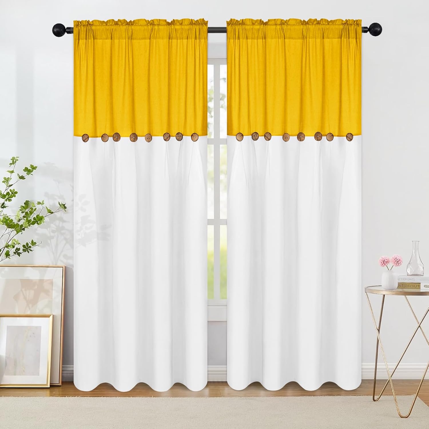 FRAMICS Farmhouse Cotton Linen Curtains for Living Room, Rustic Button Curtains 84 Inch Length 2 Panels, Boho Country Linen Window Curtain for Bedroom Rod Pocket Drapes, 52 x 84 Inch, Yellow and White