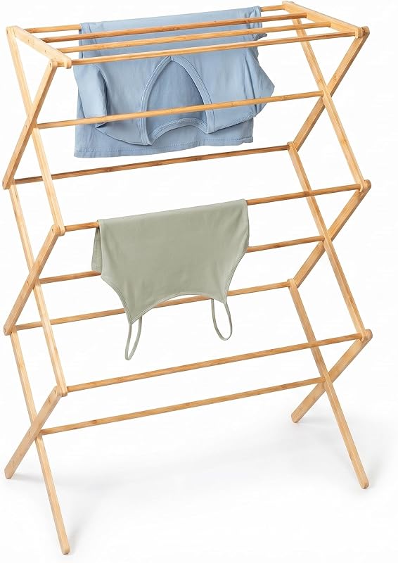 Tendedero de bambú plegable: tendedero de ropa resistente y plegable, tendedero portátil y que ahorra espacio para secar al aire ropa, toallas, mantas y prendas delicadas, uso en interiores y exteriores.