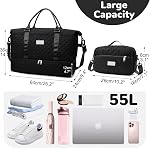 55L Large Travel Duffel Bag with Toiletry Bag for Women, Weekender Bags with Shoe Compartment, Black