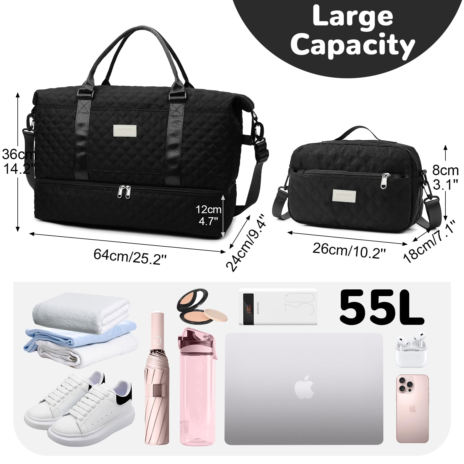 55L Bolsa de Viaje Grand Mujer, Ligera Bolsa Deportiva Niña con Bolsa de Aseo, Bolsa Maternidad Hospital con Compartimento para Zapatos, Macuto Viaje para Yoga Deporte Regalo, Negro