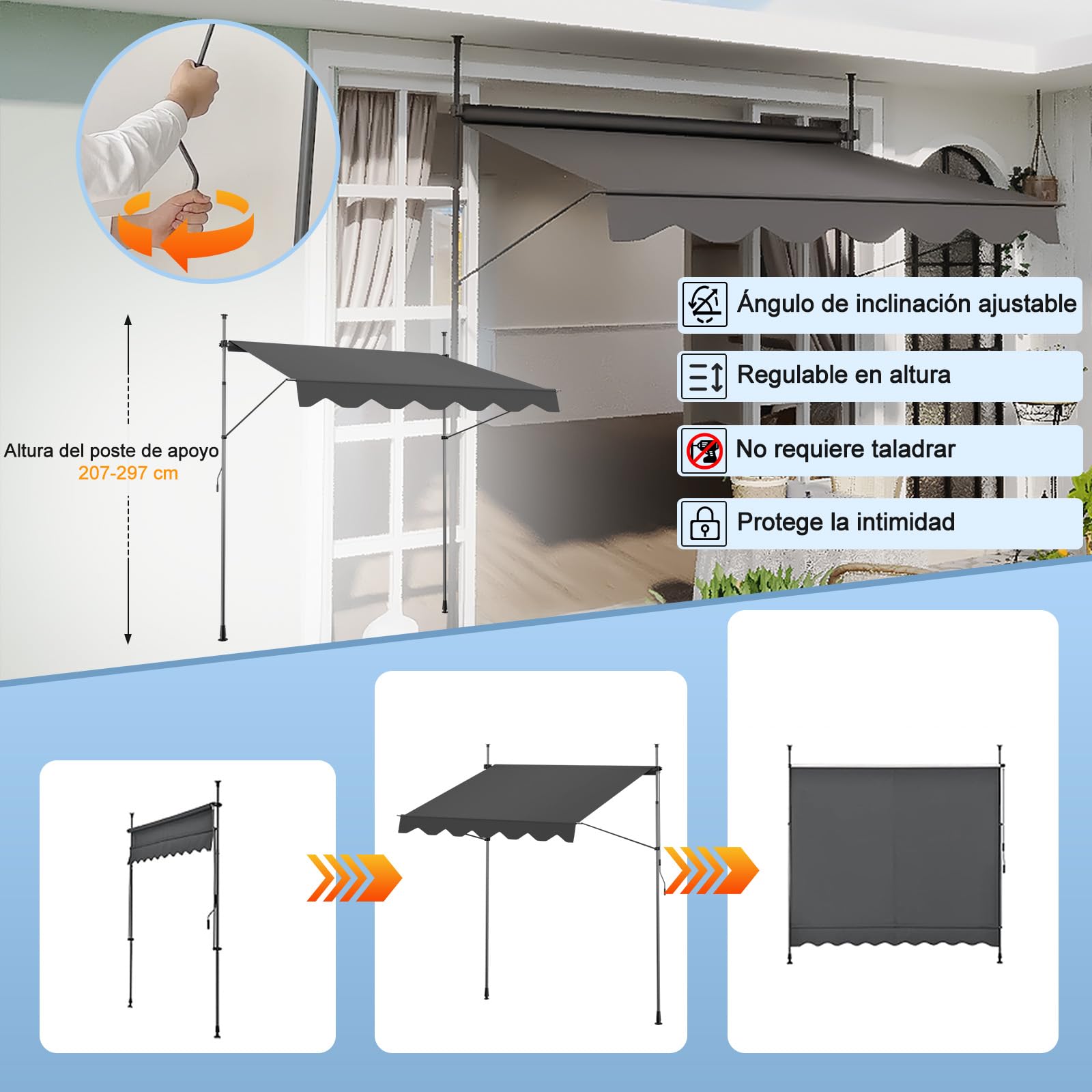 AXT SHADE Toldo Manual Retráctil Enrollable para Balcón 300x180cm con Altura Ajustable Manivela y Resistente a Rayos UV, Protección Solar para Exterior Terraza-Antracita