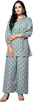 Women's Co-Ord Set | Cotton Blend Loungewear Set | Night Dresses for Women | Sleepwear Set | Night Suit Top and Pajama Set | Casual Nightdress | Women's Nightwear (Medium, Blue)