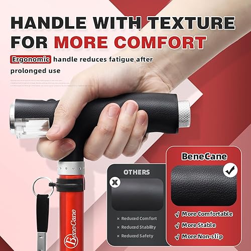 Vista 11 de BeneCane Bastón plegable para mujer con dos luces LED, bastón cuádruple con base estable, ligero y ajustable Rojo tallado