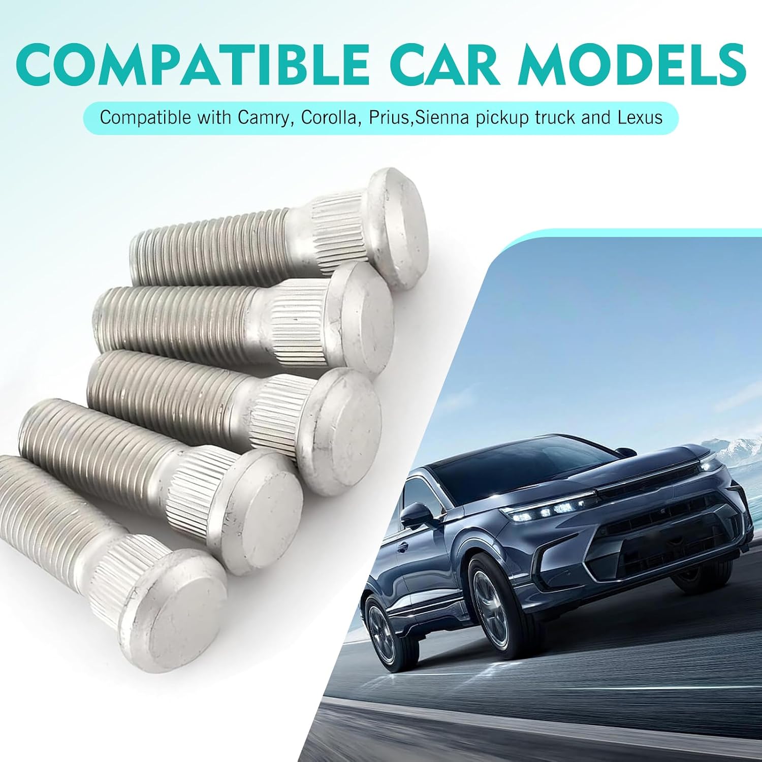 MLY 10PCS Wheel Studs, M12 x 1.5 Steel Tire Studs, 48mm Long Lug Hub Bolts, Replace OEM# 90942-02049/90942-05009, Compatible with Avalon Camry Corolla Prius RAV4 Sienna Pickup Tacoma Lexus (Silver)