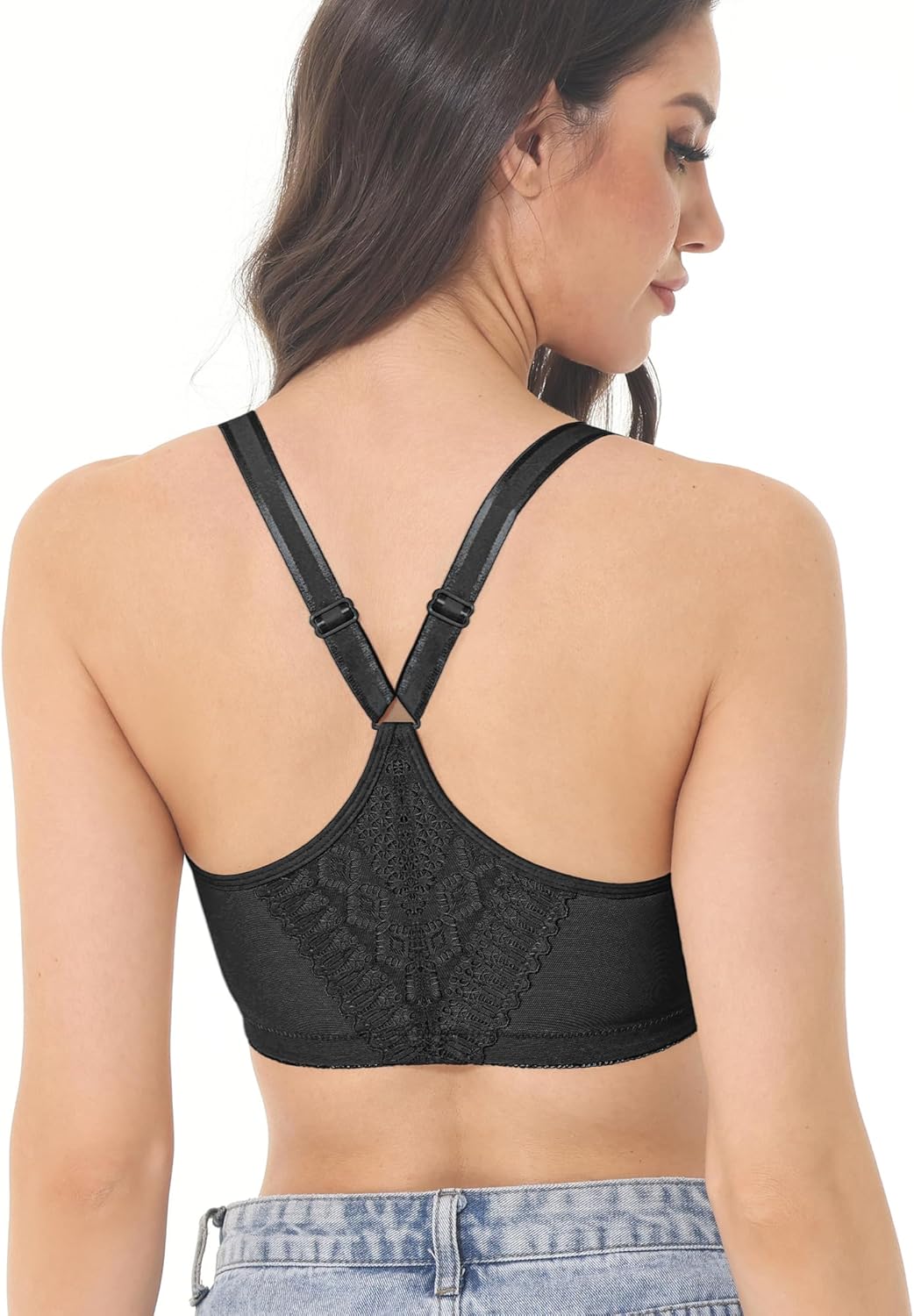 Women's Front Closure Racerback Bra Underwire Full Coverage Unpadded Lace Everyday Bra Plus Size for Large Bust