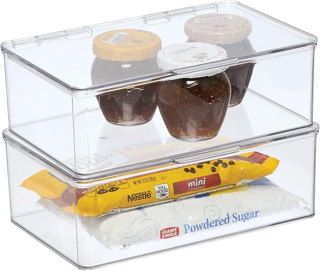mDesign Plastic Storage Boxes - Set of 2 - Practical Food Storage with Lid for the Refrigerator - Stackable Food Storage Boxes for the Freezer - Clear