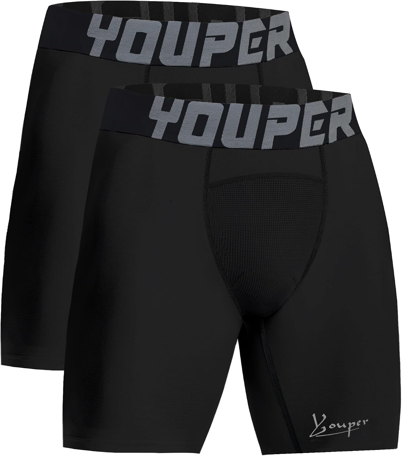 Youper 2-Pack Youth Boys Compression Shorts with Cup Pocket, Athletic Supporter for Baseball & Football