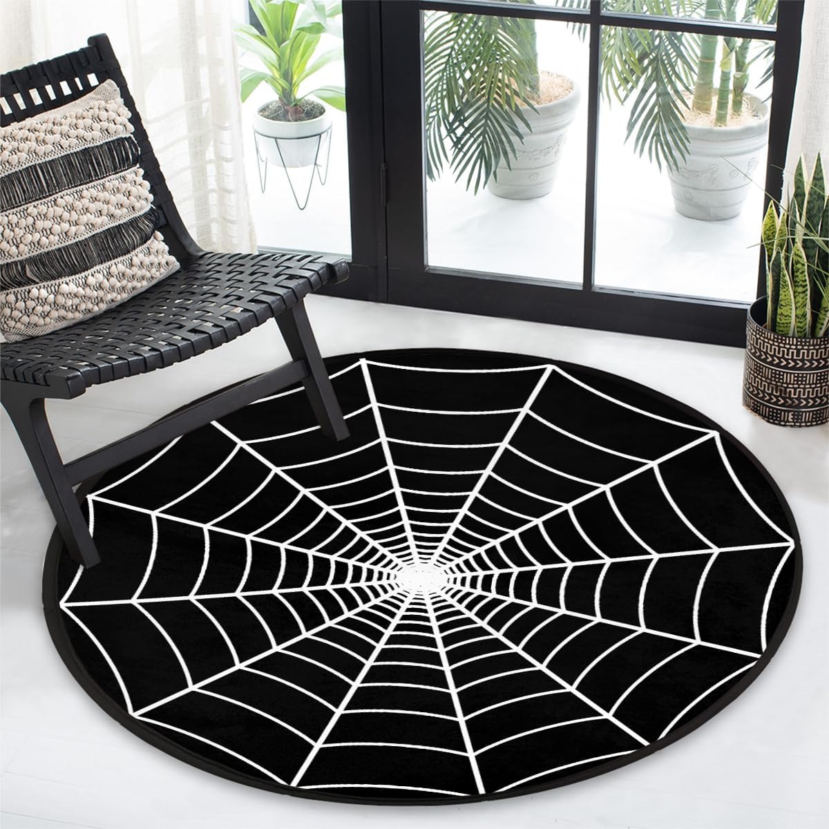 Round Area Rug 3Ft - Black Spider Web Circle Entryway Rugs Washable Door Mat for Boys Bedroom Sofa Living Room Nursery Decorations, Non-Slip Floor Carpet Aesthetic Comic Decor