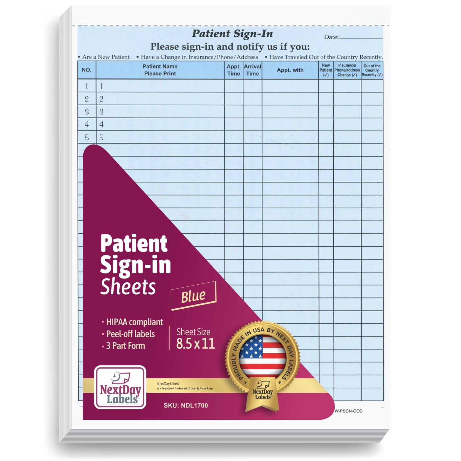 NextDayLabels NCR Carbonless 3 Part Patient Sign in Label Forms, HIPAA Approved and Compliant for Confidentiality in All Medical Offices. (Blue)