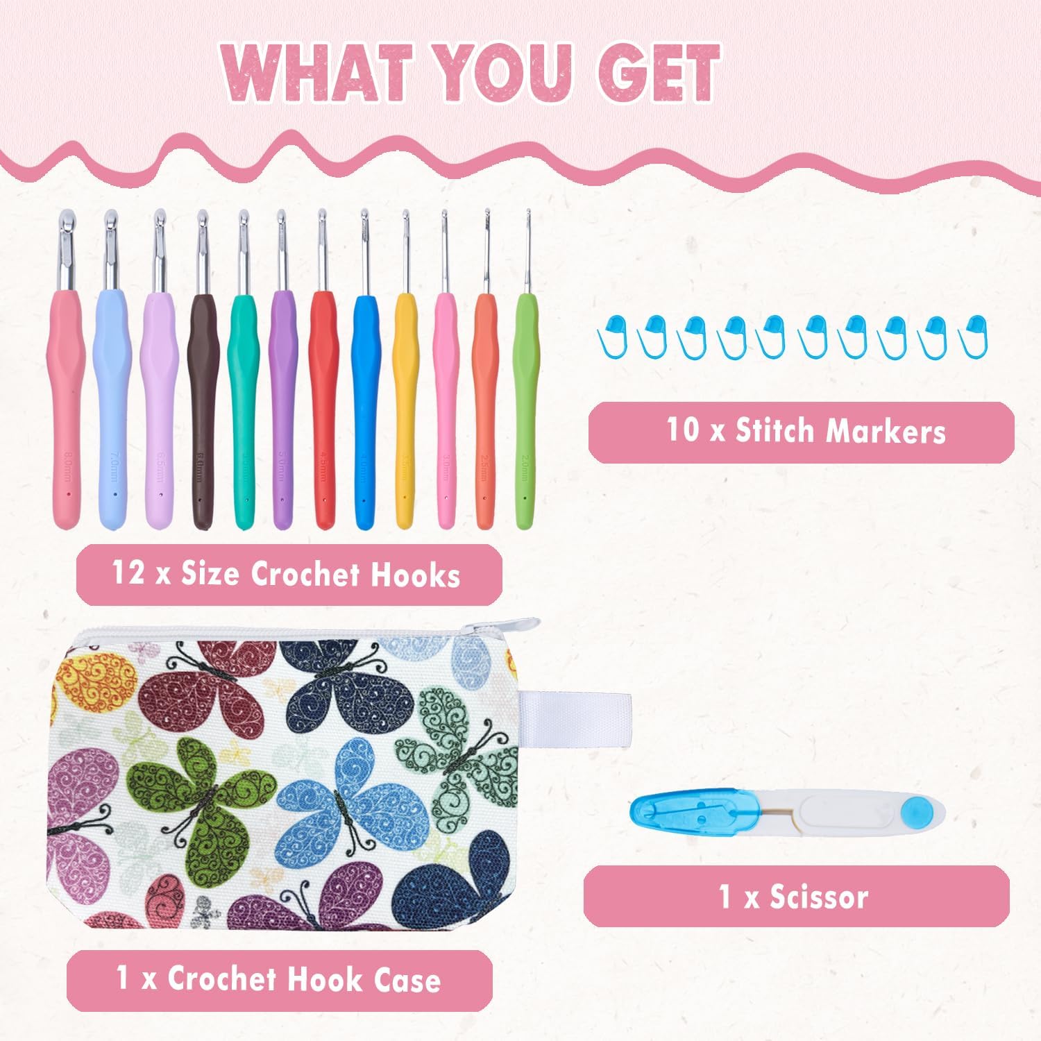 TOGETRUE Crochet Hooks, 12 Size Soft Grip Crochet Hooks Set, (2.0~8.0mm)