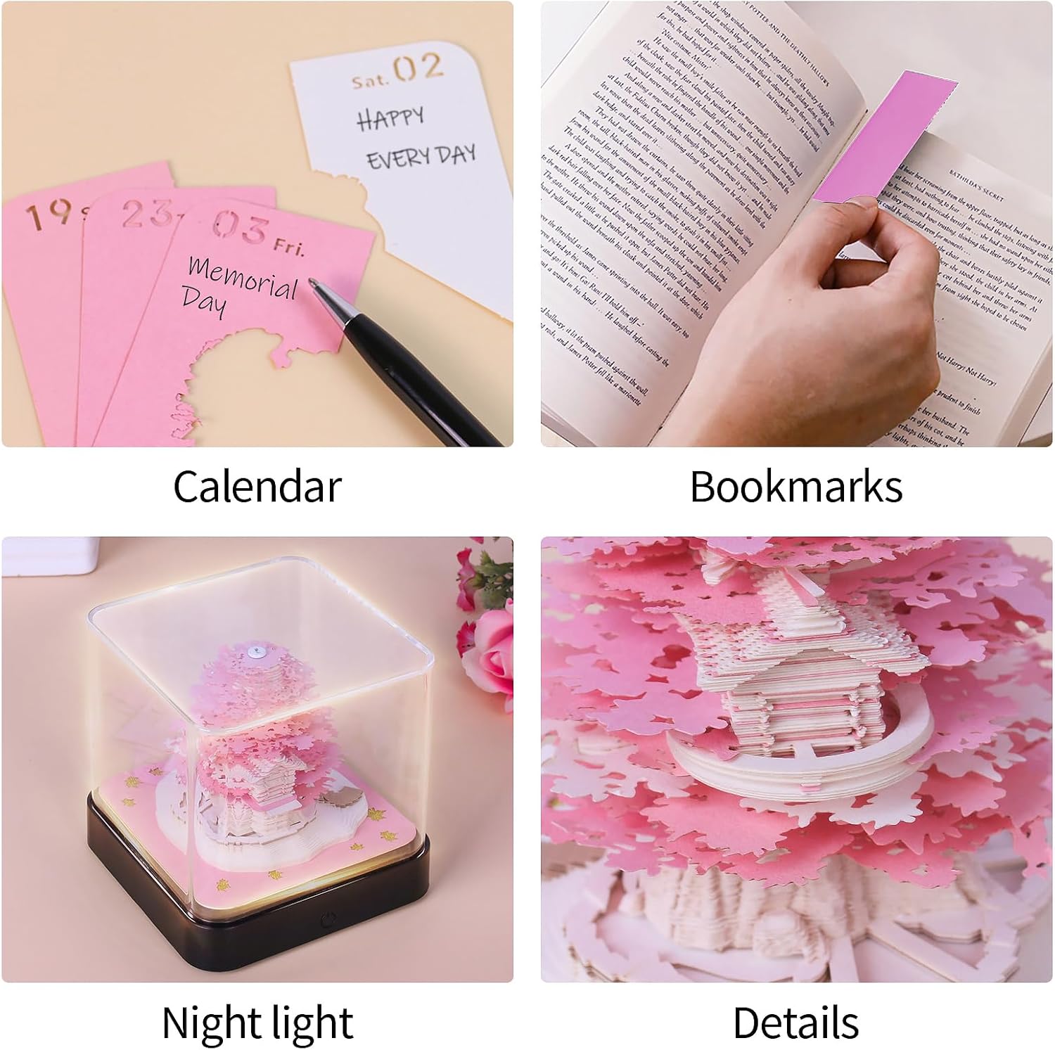 Time Piece Calendar - 2024 Desk Calendar with LED Light - 3D Calendar Paper Carving Art Memo Pad Notepad Gift for Christmas Housewarming Desktop Decoration (with Calendar & Light),Tree House - Pink