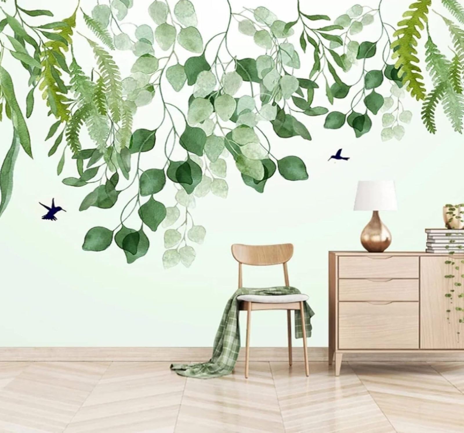 XLMING Hand Drawn Green Fresh Leaves Birds 3D Wallpaper Luxury Home Dining Decor Paste Sofa Living Room The Wall for Bedroom Mural-400cm×280cm