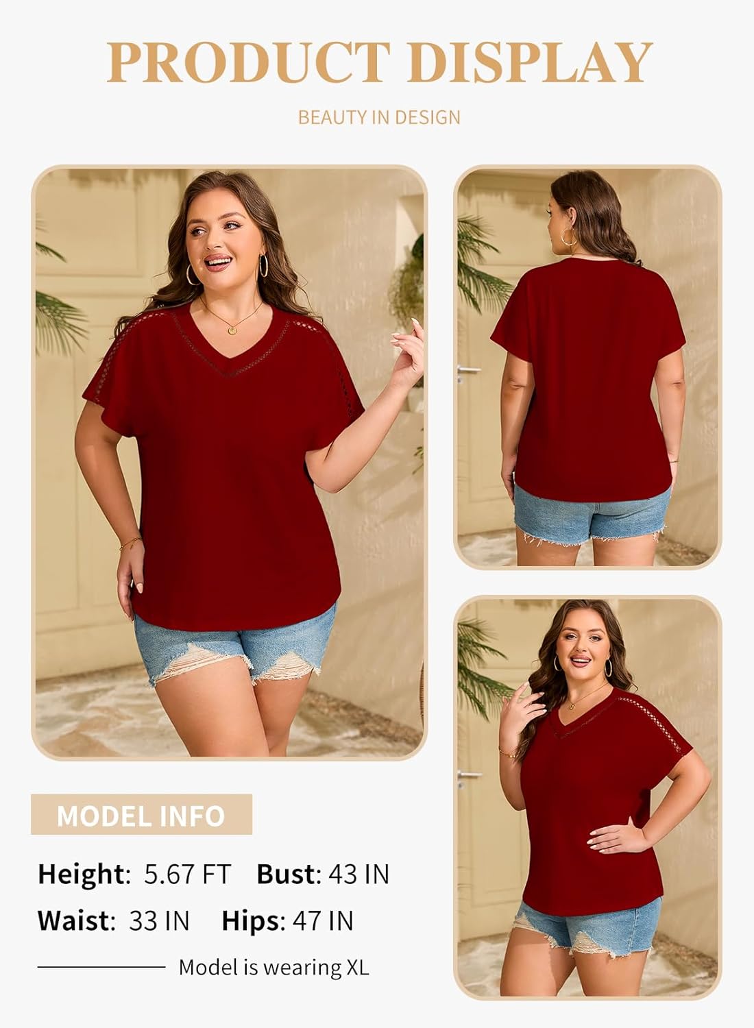 Eytino Womens Plus Size Tops V Neck Short Sleeve Casual Loose Blouses Hollow Out Summer Shirts(1X-5X) - Image 3