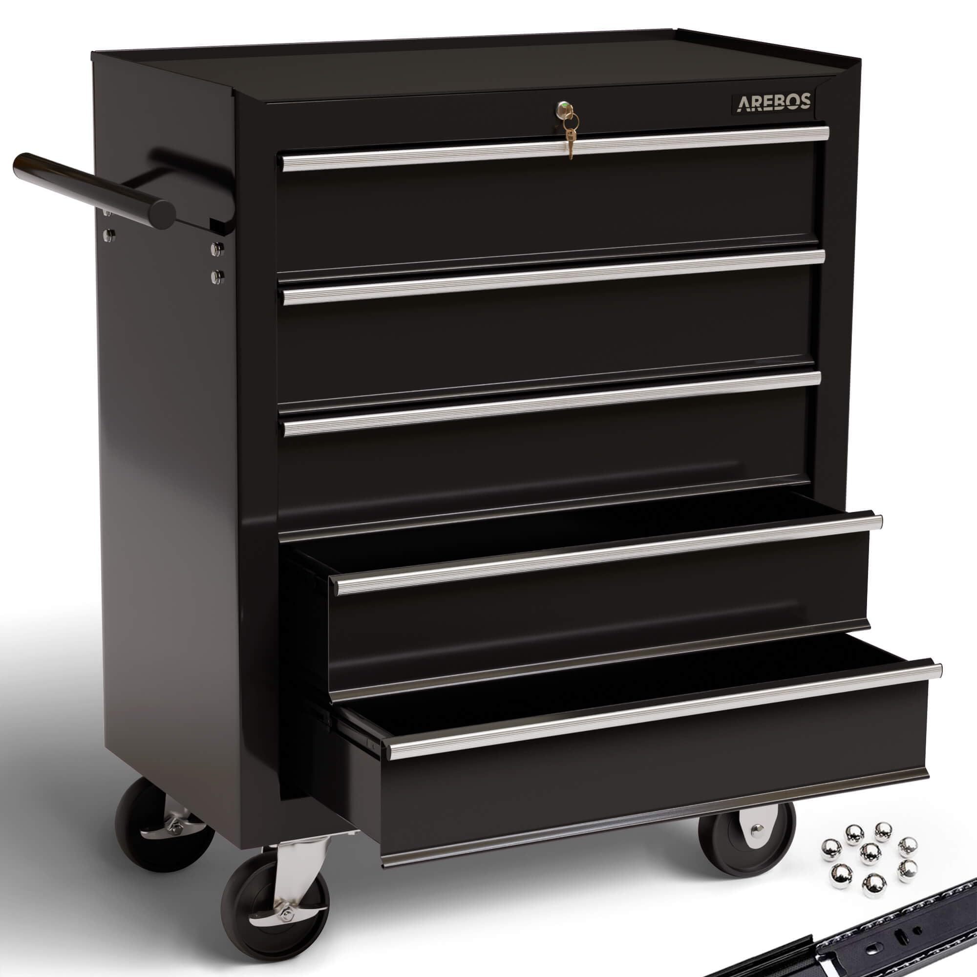 Workshop trolley 5 compartments | centrally lockable | incl. anti-slip mats | drawers with ball bearings | 2 castors with parking brake (black)