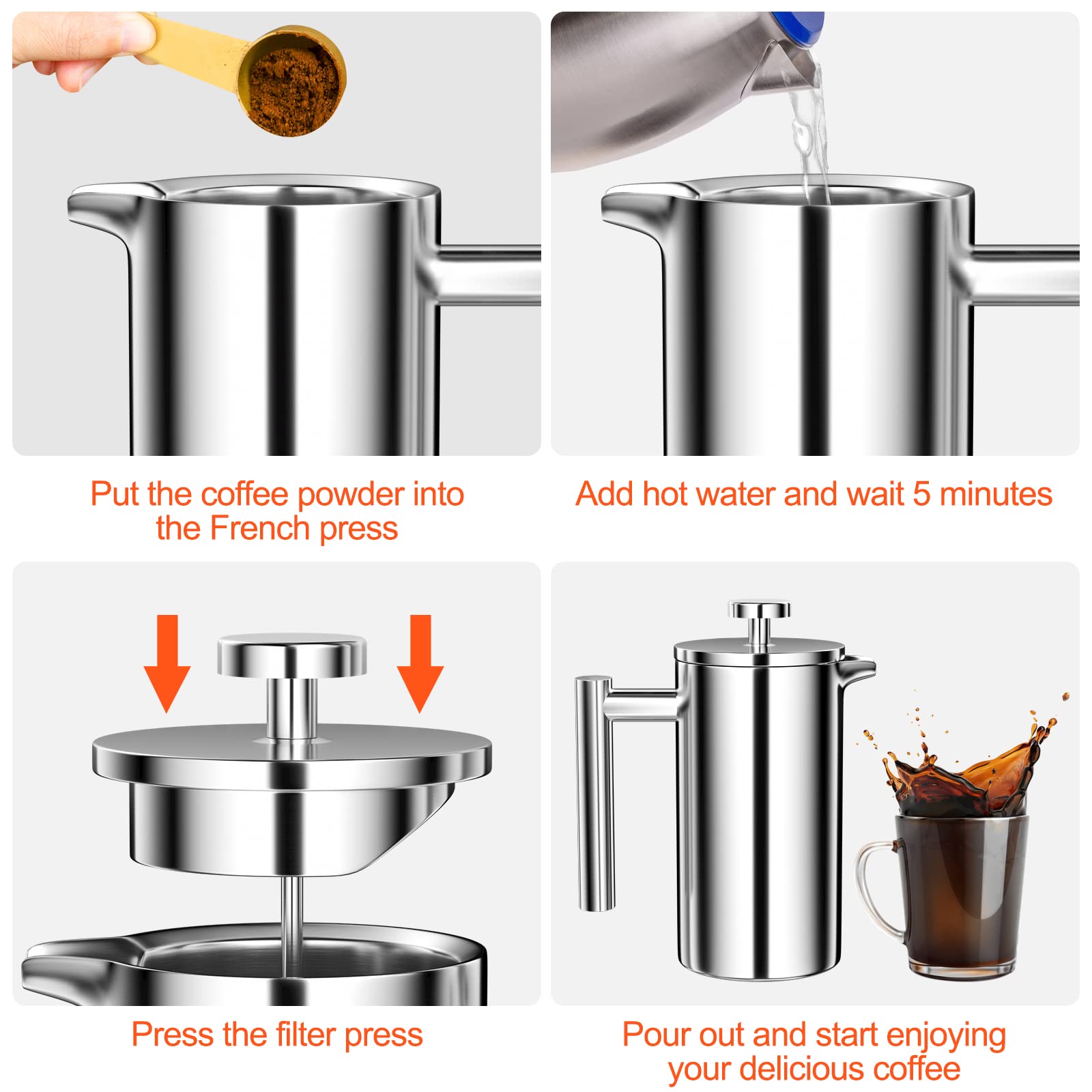 Uootach Caffettiera in acciaio inox con triplo filtro francese, 1000 ml, ideale per casa, viaggi, campeggio (argento)