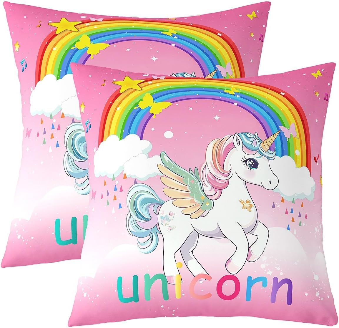 Unicorn Throw Pillow Covers 24x24 Inch Set of 2, Kawaii Rainbow Unicorn Pillow Covers for Sofa Bed Couch, Kids Galaxy Stars Cushion Covers, White Horse Floral Decorative Square Pillow Cases, Pink