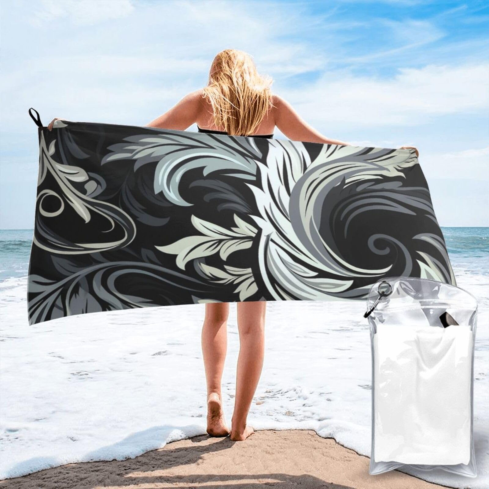 Serviette de bain microfibre design noir et blanc style hôtel chic