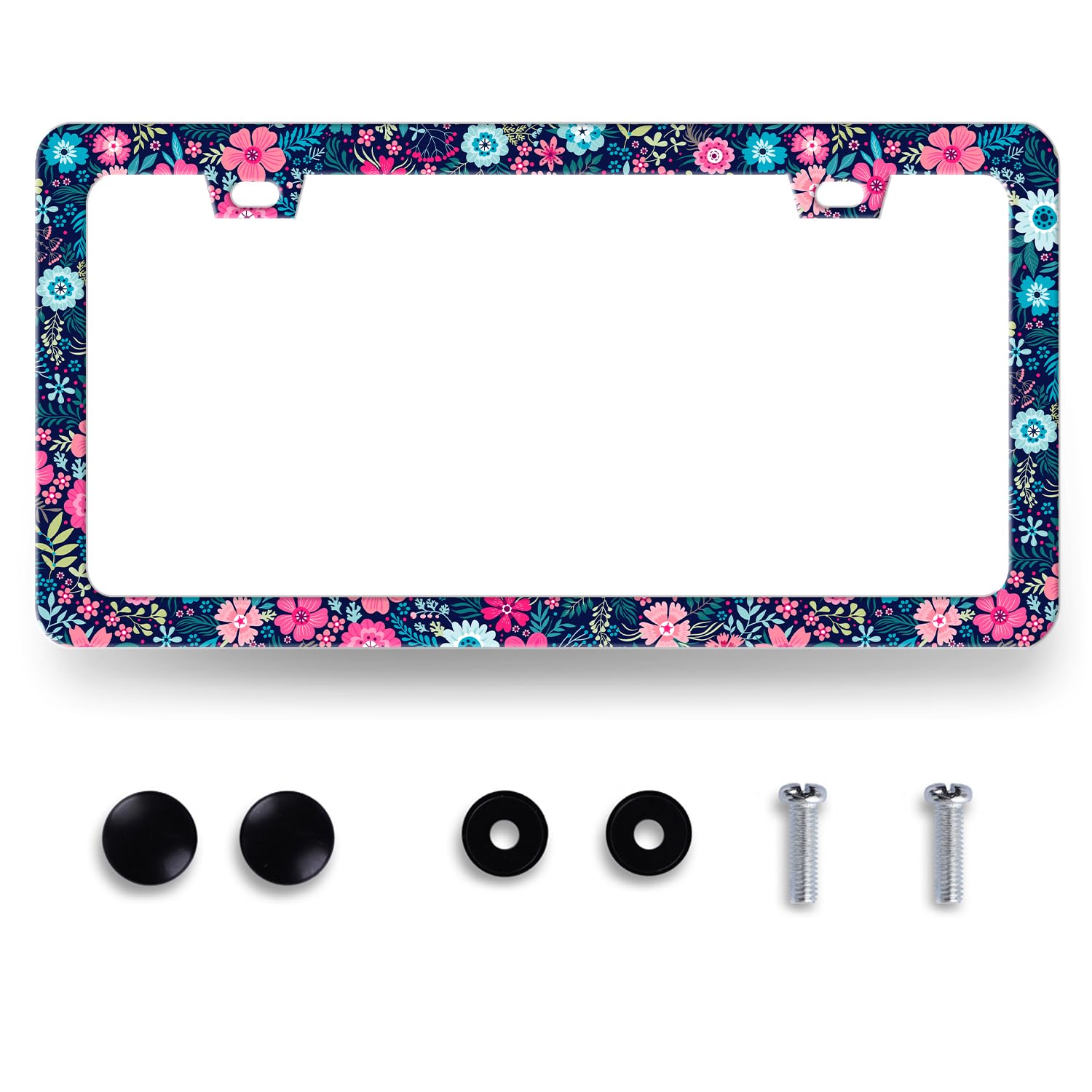 Colorful Flowers License Plate Frame Beautiful Floral Flower License Plate Holder for Women Car Decorative Stainless Steel Cute License Plate Flowers