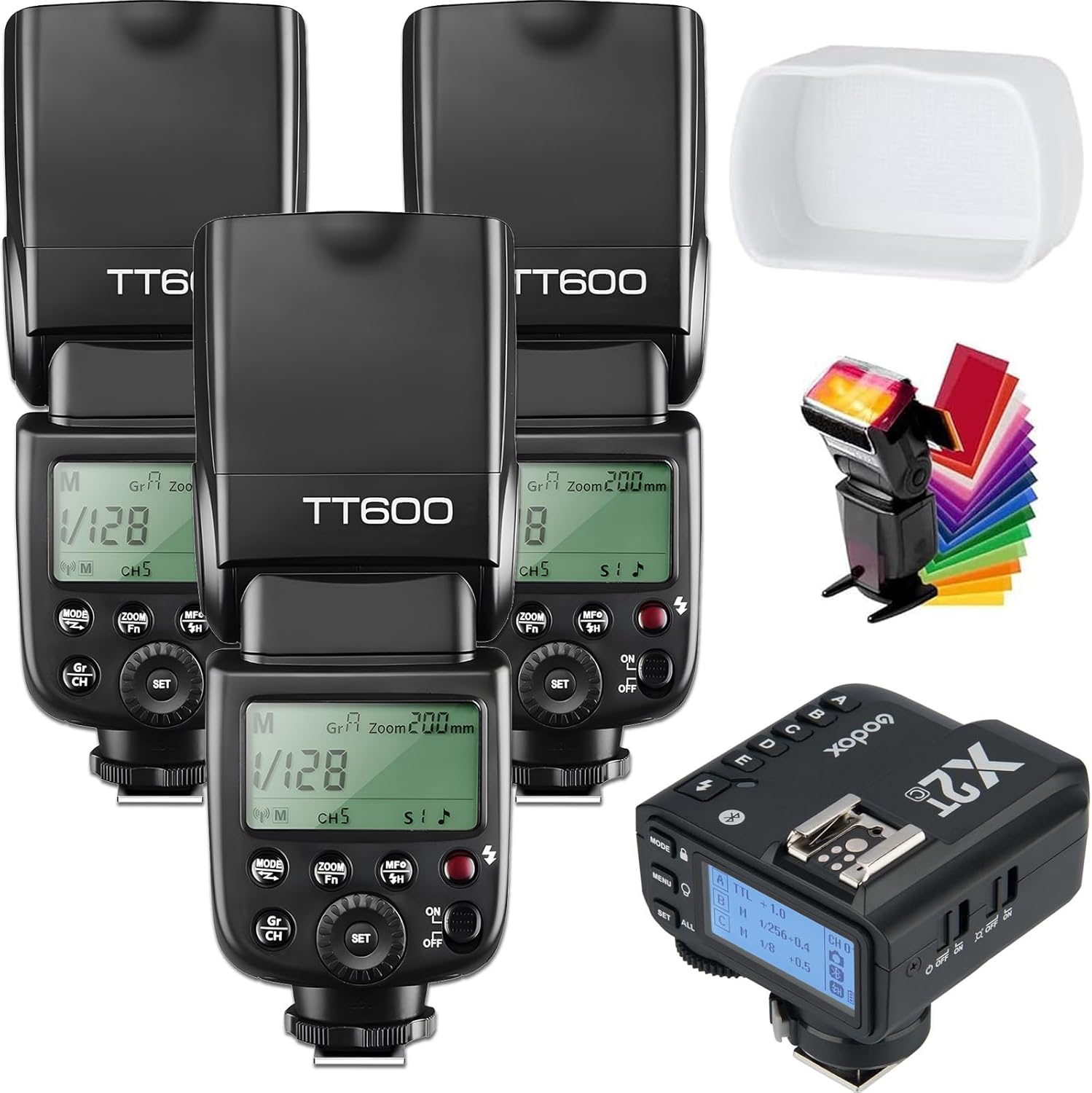 Godox 3PCS TT600 Speed Sync 2.4G GN60 Camera Flash Speedlite Kit, 3X TT600+Diffuers+Filters High Flash with Godox X2T-C Wireless Remote Trigger Transmitter for Canon Cameras, USB LED Light