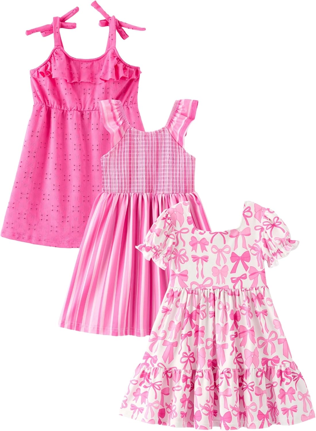 Girls’ Dress 3-Pack, Sleeveless & Puff Sleeve Summer Dresses for Toddlers & Kids, Ages 1-10