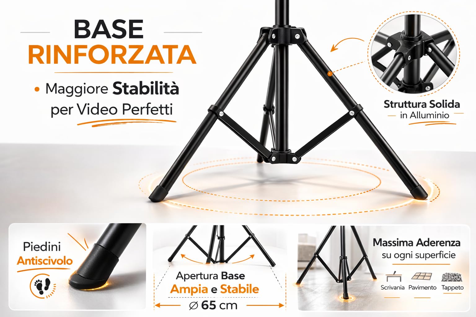 Treppiede per Ring Light 160 cm, Supporto Regolabile in Alluminio con Attacco Universale 1/4", Compatto 50 cm, per Smartphone e Fotocamera