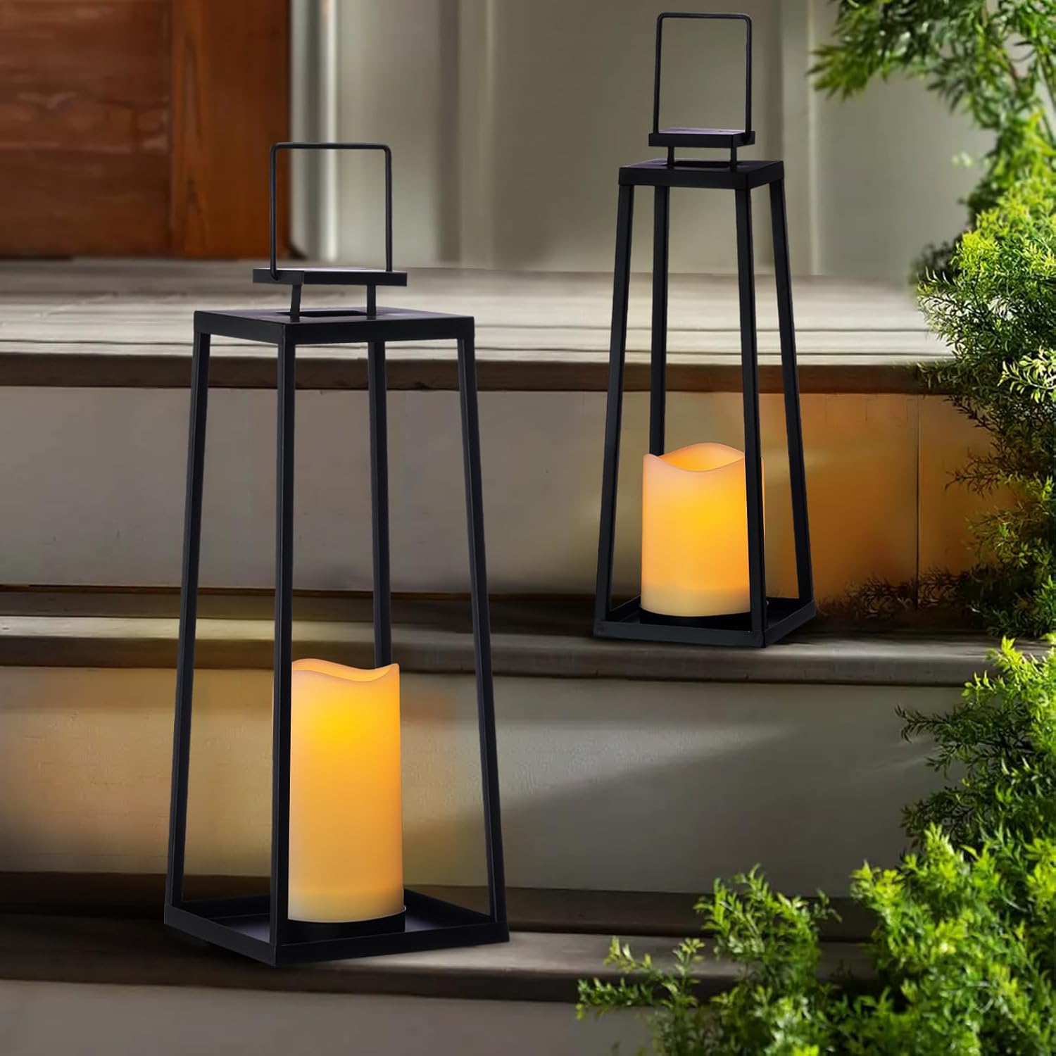 Solar Lantern Decorative Outdoor Set of 2 (18’’ & 15’’) Modern Black Metal Lanterns with Solar Candles, Decorative Candle Lanterns for Outdoor Porch, Patio, Garden, Yard Decor