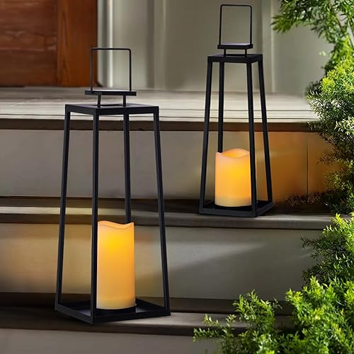 Miniatura 2 de Juego de 2 faroles solares decorativos para exteriores (18 y 15 pulgadas) modernos faroles de metal negro con velas solares, faroles decorativos