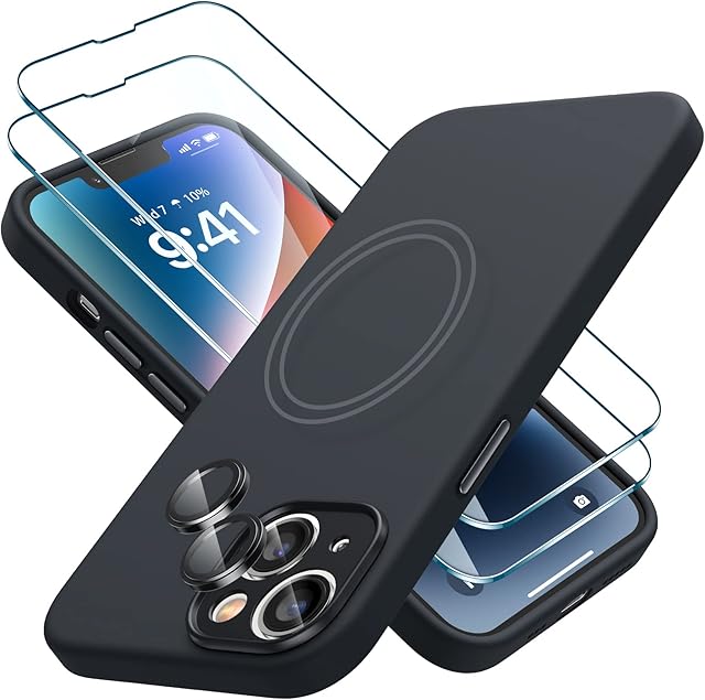 LK for iPhone 14 Case 6.1" Compatible for MagSafe, with 2 Pack Tempered Glass Screen Protector, Liquid Silicone iPhone 14 Cover, [Full Body] [Scratchproof] [Mil-grade Protection] Black