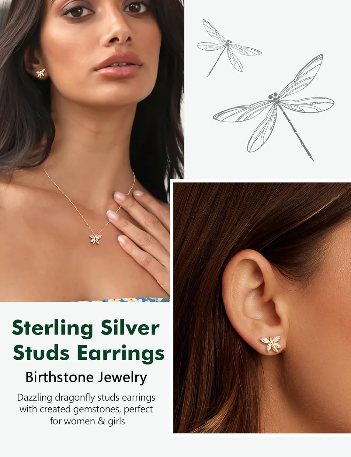 925 Sterling Silver Dragonfly Stud Earrings for Women Trendy Dainty Cute Earrings Ruby/Sapphire/Emerald Gemstone Studs Birthstone Anniversary Jewelry - Image 3