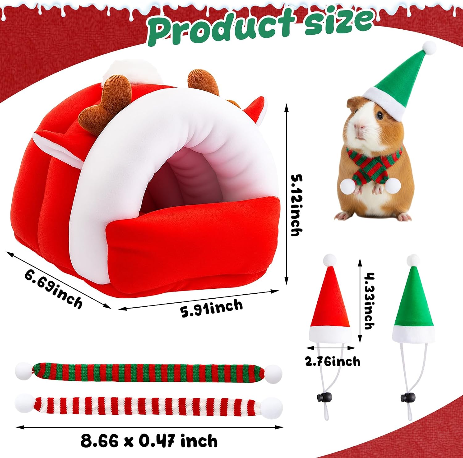 AceOrbit 5 Pcs Christmas Guinea Pig Hideout Set Warm Guinea Pig House Cozy Small Animal Pet Hideouts Bed with Mini Santa Hat and Scarf Accessories for Chinchillas Dwarf Rabbit Hamster to Sleep Hide, M
