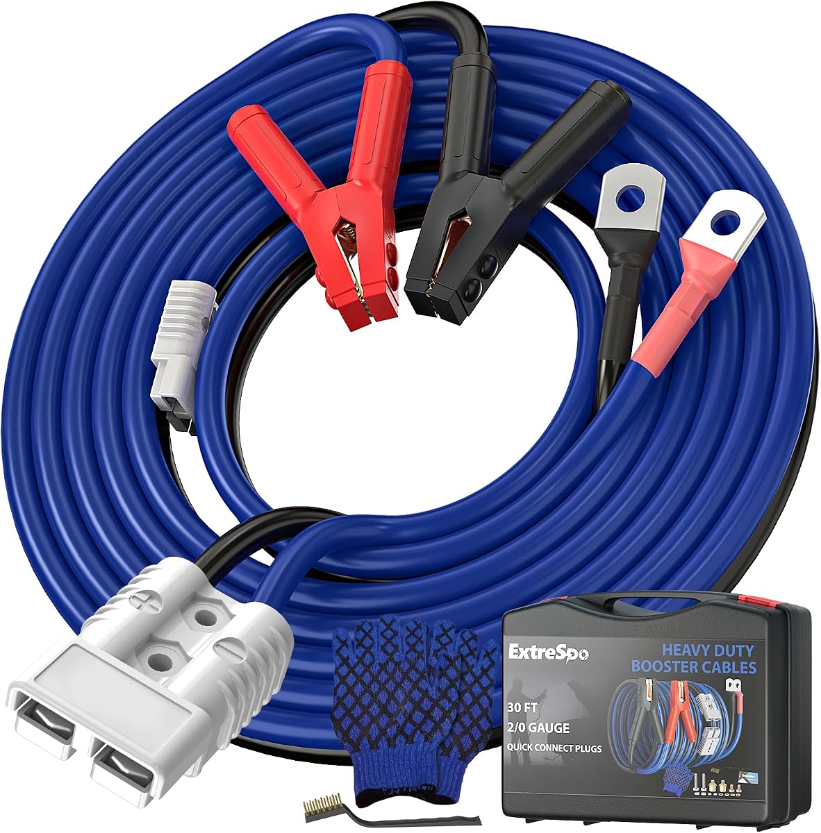 EXTRESPO 2/0 Gauge 30 FT Heavy Duty Jumper Cables, 1500Amp Quick Connect Booster Cables for 12V & 24V Cars, SUVs and Trucks, Kit with Carry Case, Gloves, Brushes