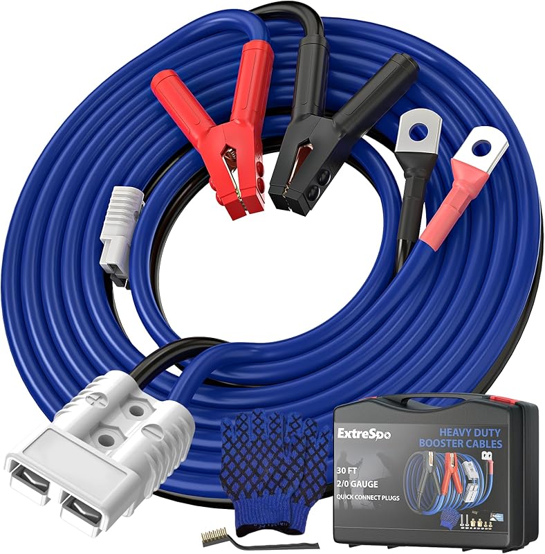 EXTRESPO 2/0 Gauge 30 FT Heavy Duty Jumper Cables, 1500Amp Quick Connect Booster Cables for 12V & 24V Cars, SUVs and Trucks, Kit with Carry Case, Gloves, Brushes