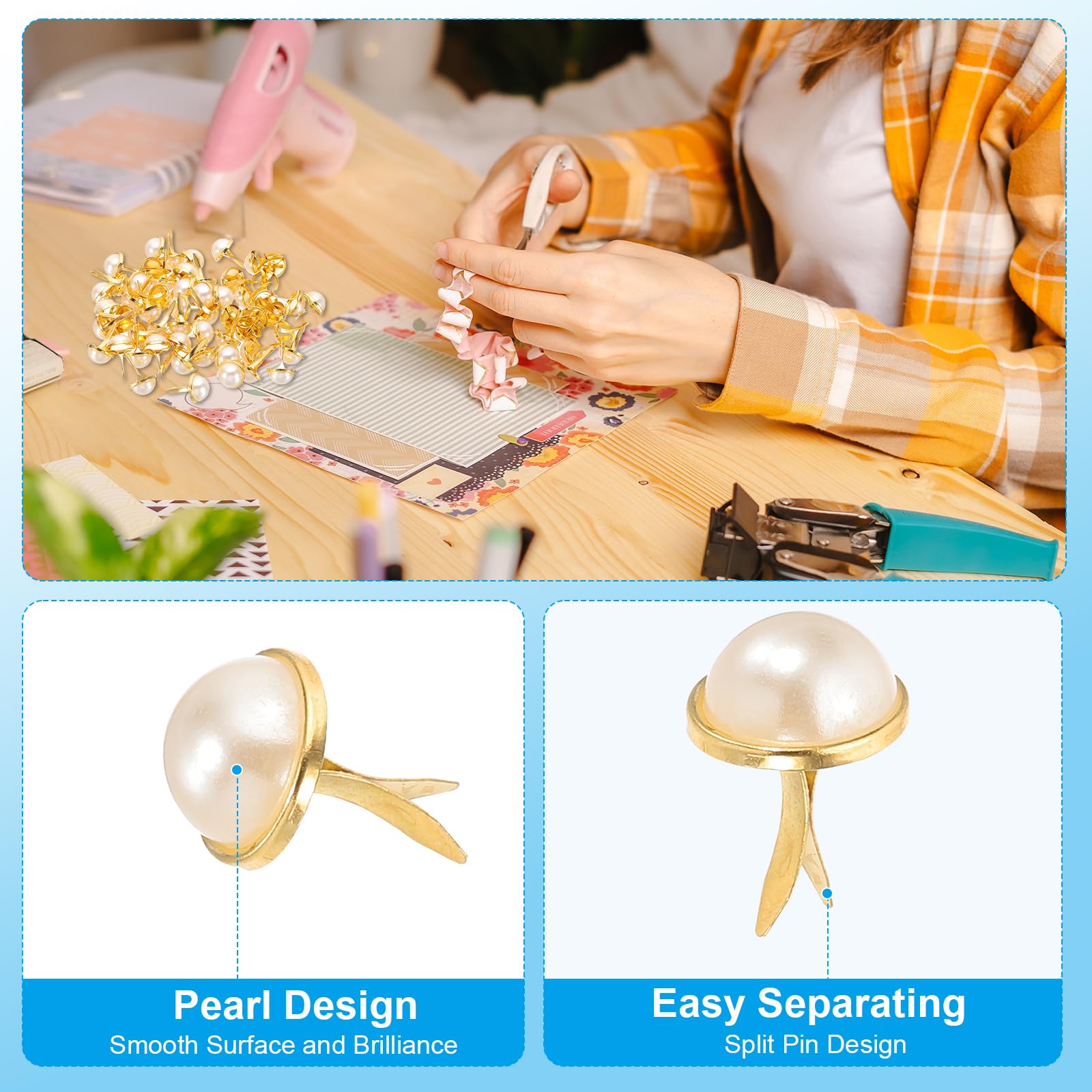 PATIKIL Fermagli per Carta Brads 100Pz Mini Metallo con Perle Pastello Testa Tonda Oro 0,7"x0,5"