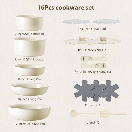 Miniatura 3 de Ollas y sartenes antiadherentes, juego de utensilios de cocina antiadherentes de cerámica, juego de cocina de inducción con mango extraíble,